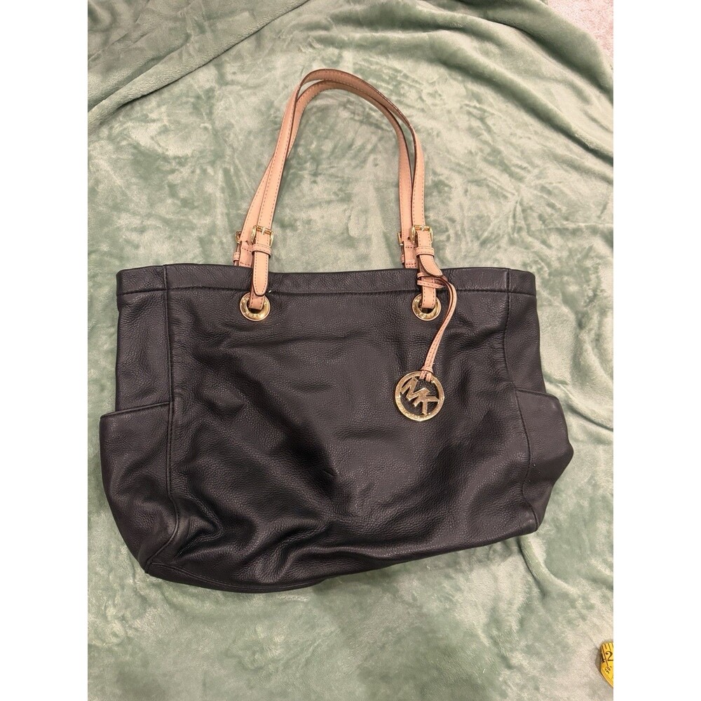Michael Kors Black Pebbled Leather Tote Bag Pink Blush Straps Shoulder Purse Bag